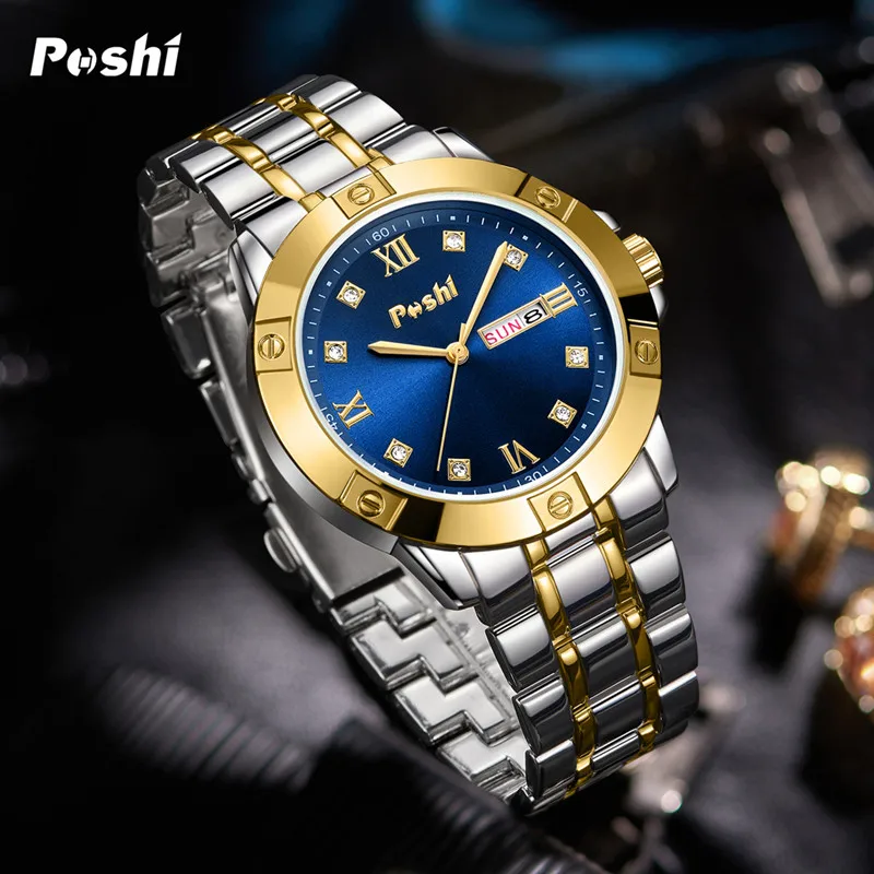 POSHI-relojes de pareja para amantes, reloj de cuarzo de lujo, reloj de pulsera impermeable, moda informal, conjuntos de relojes de pulsera para damas, regalo