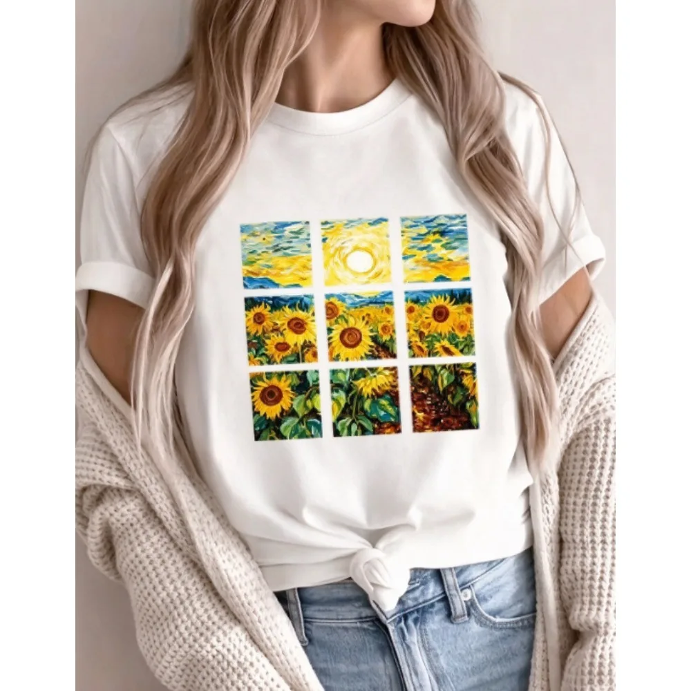 Women Short Sleeve Crew Neck T Shirt Van Gogh Sunflower Art Graphic Print Casual Summer Ladies Tees