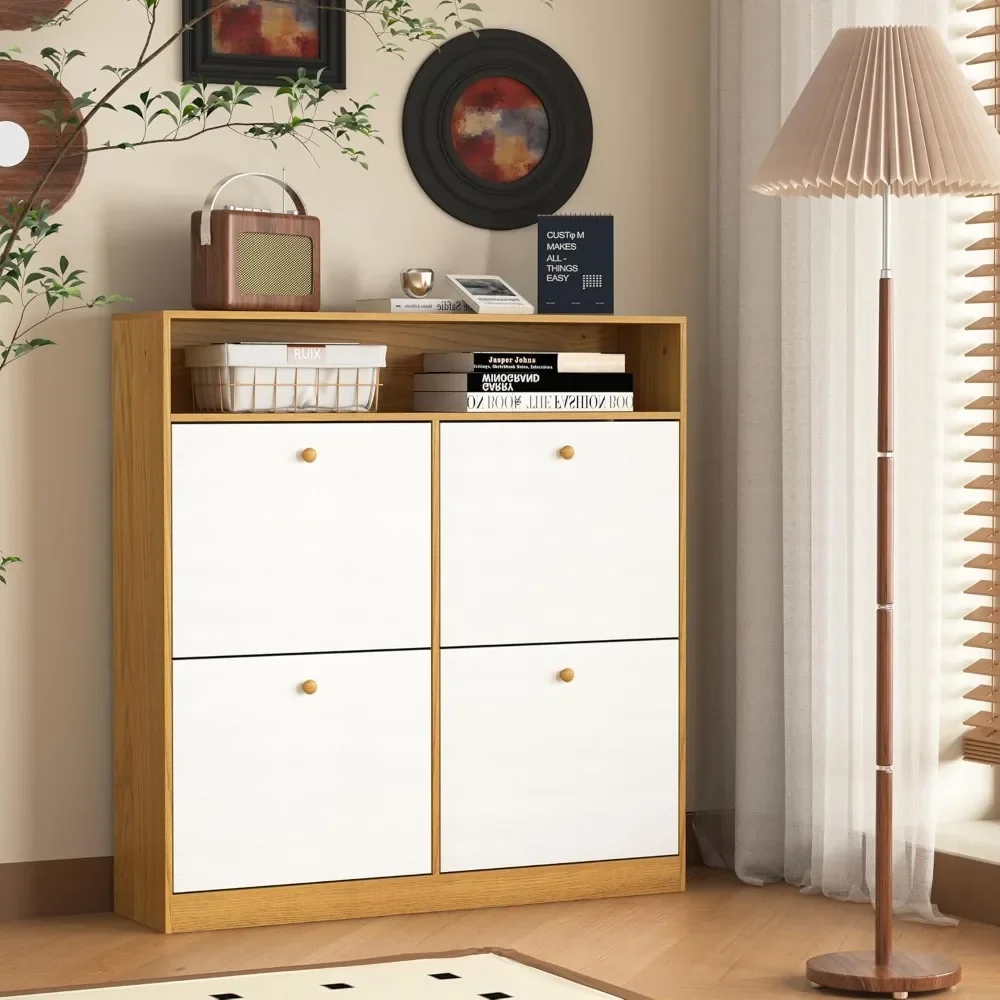 

Shoe Storage Cabinet with 4 Flip Drawers, Shoe Rack Organizer Cabinet with Wooden Handle Freestanding Shoe Cabinet Storage