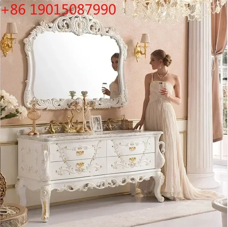 European-Style Bathroom Cabinet Wash Basin Antique Marble Countertop Oak Carved Bathroom Table
