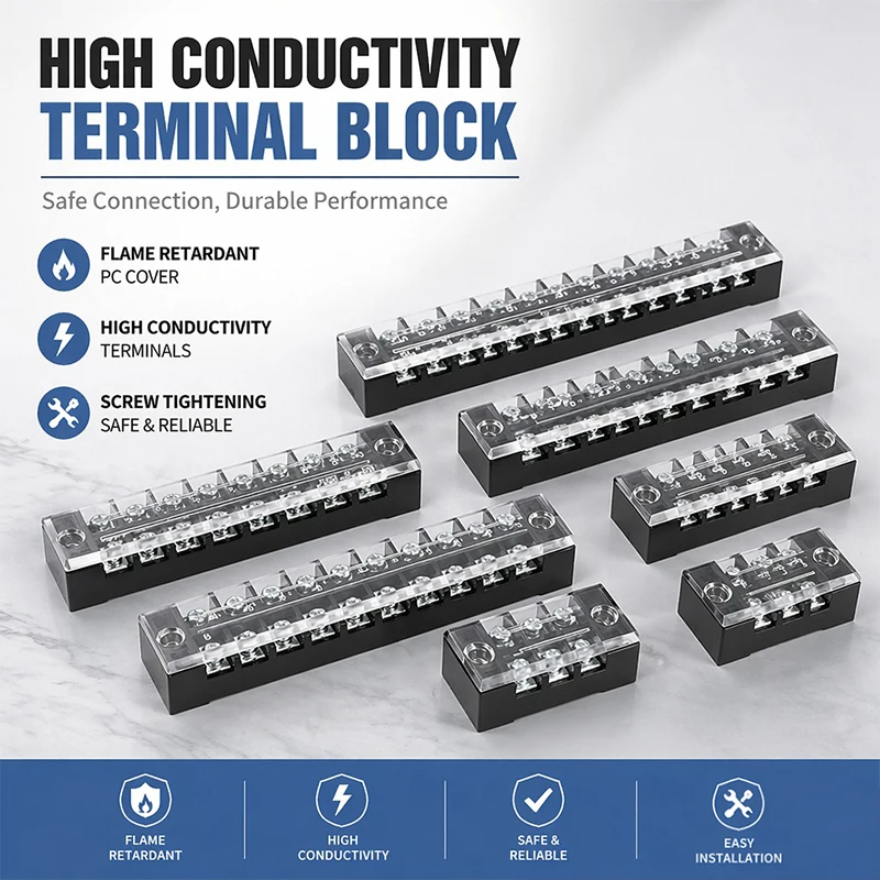 TB1503 TB2503 TB4512 Screw Terminal Block Barrier Strip 15A 25A 45A Wire Connector with Flame Retardant PC Cover for DIN Rail