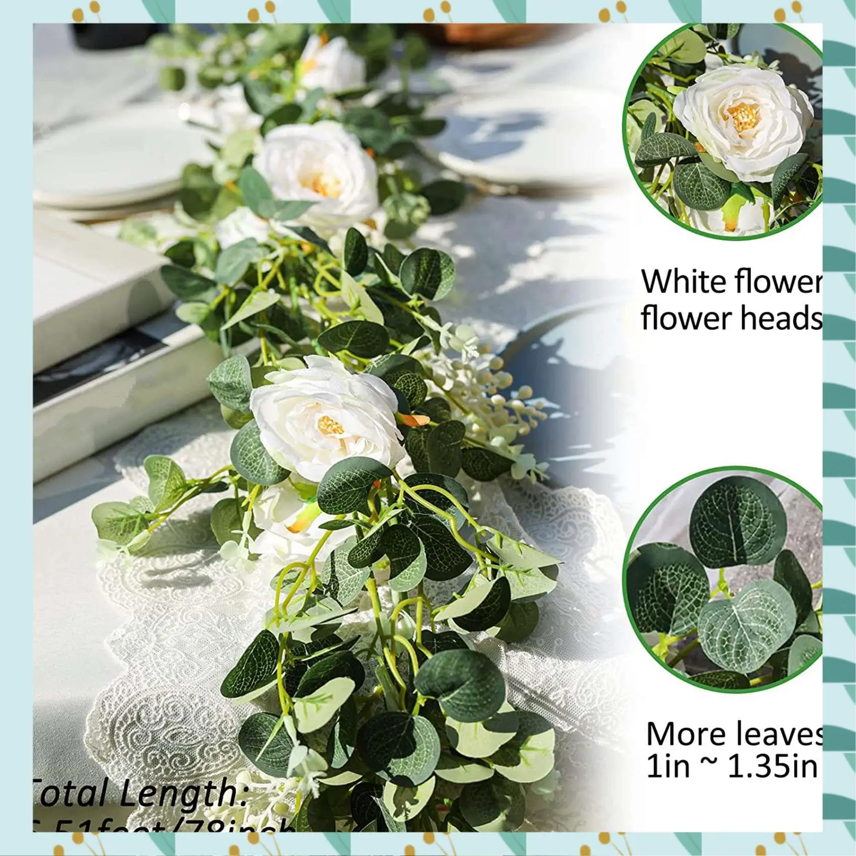 

A71P 2 Pack Eucalyptus Garland With Champagne Rose, Greenery Garland Bulk Artificial Silk Floral Eucalyptus Leaves Vines