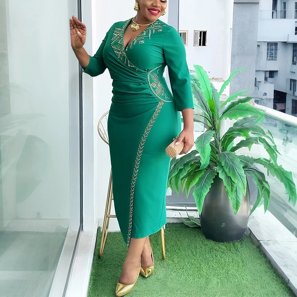 

Elegant African Dresses for Women Diamond V Neck Back Split Luxury Birthday Party Wedding Dashiki Ankara Turkey Dress Midi 2025