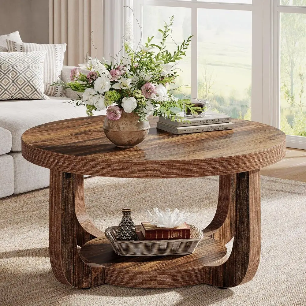 

Round Coffee Table, 2-Tier Circle Coffee Table with Storage, Modern Wooden Accent Center Table for Living Room, Thick Tabletop &