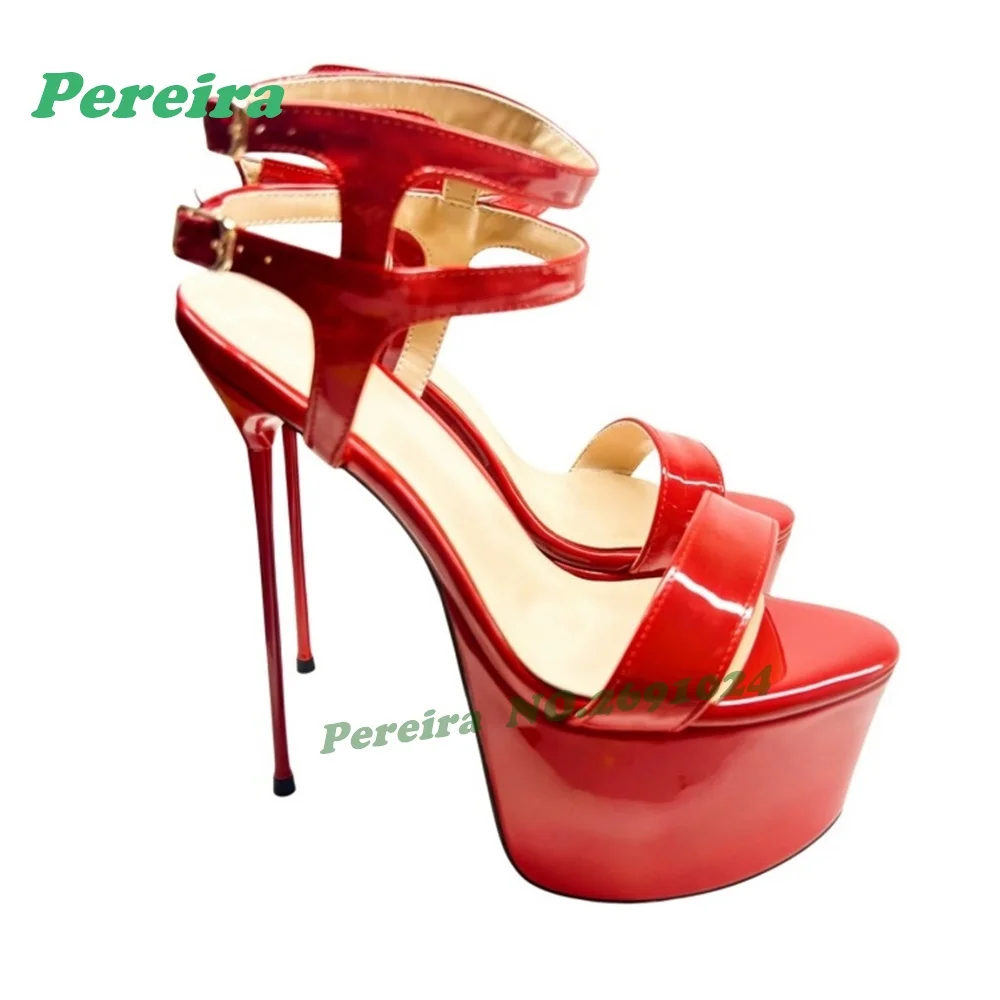 Multi Strap Ankle Buckle Stiletto Sandals for Pole Dance Nightclub Cut Out Red Patent Leather Platform Women's Sandals Glossy