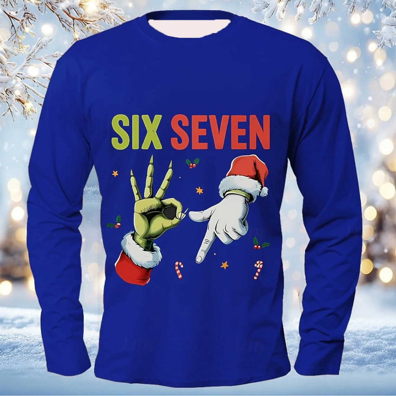 Men's Daily Versatile Autumn And Winter 67 Print Pattern Santa Claus Warm Round Neck Long Sleeved T-shirt For Men And Women