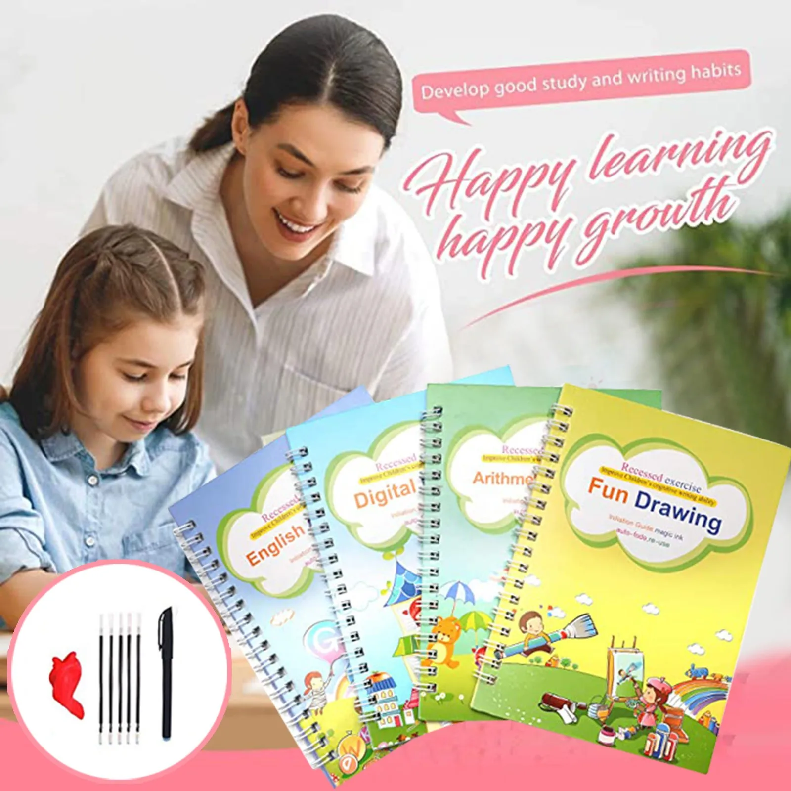Reusable Practice Book Kids Learning Set Spiral Notebook English Math Drawing Pen Gift Educational Workbook For Preschool T1