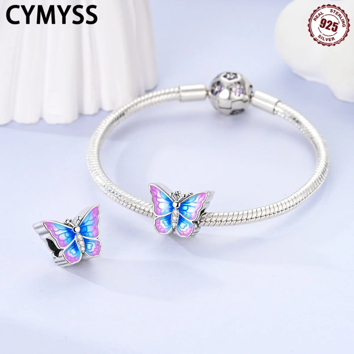 

CYMYSS 2025 New 925 Sterling Silver Blue Purple Butterfly Insect Beaded Boutique Birthday Party Gift Trend Jewelry Women's Beads