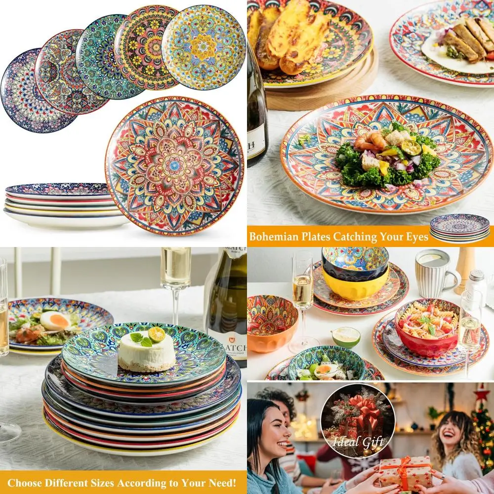 

dinner plates set of 6, 10.5 inch large dessert salad plates for pasta, steak, snacks, colorful porcelain serving dishes for kit