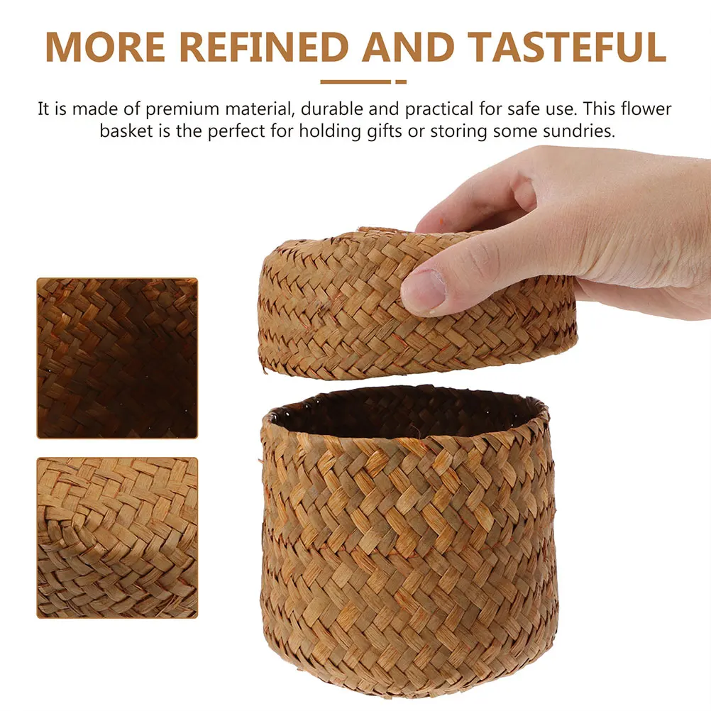 

2 Pcs Straw Flower Box Key Storage Basket Woven Organizer Hand Light Brown Bedside Container Grass Lidded Bin