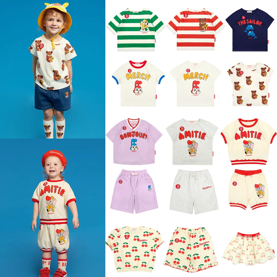 

Korean BeBe Baby Girl Cute Short Sleeve Tee Shirt Children Cartoon Tops Shorts Pants Summer Kids Boy Stripe Set Cloth T-shirt