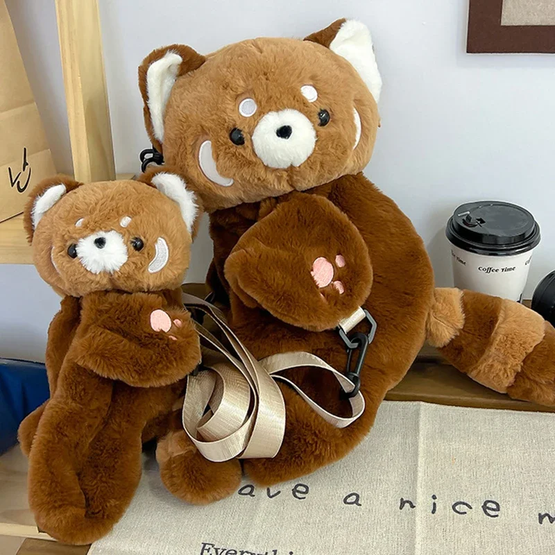 Mochila de felpa de Panda rojo, bonita muñeca de peluche, bandolera de piel suave para mujer, para acampar, viajar, fiesta, regalo de cumpleaños femenino