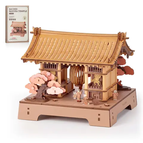Rolife Wooden 3D Puzzle Toys - Sacred Sakura Temple DIY Miniature House Model Building Kit DIY Book Nook Craft Kit for Bookshelf Decor Holiday Gift for Adults Teens