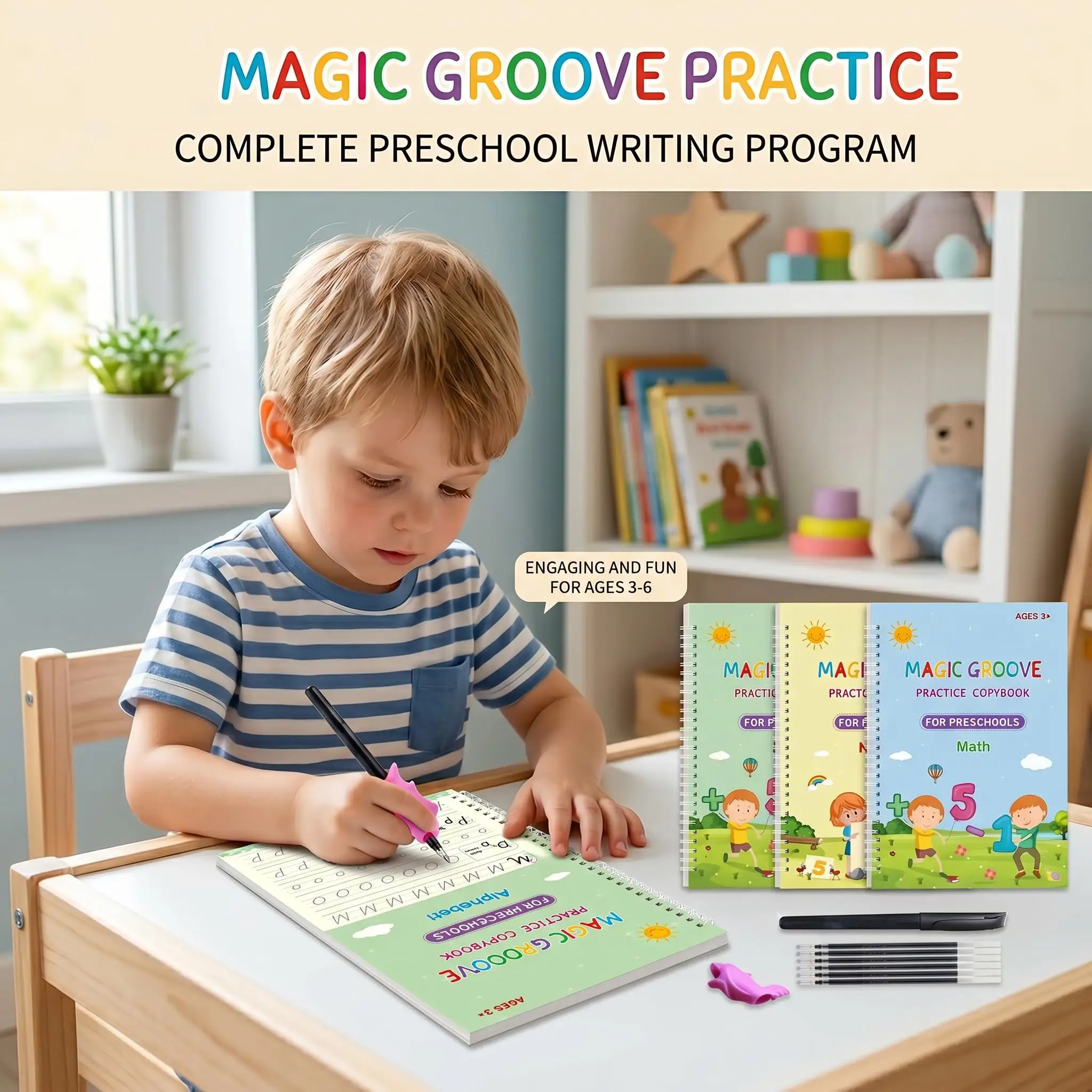 Reusable Magic Practice Copybook Kids Grooves Calligraphy Handwriting Learning Preschool Tracing Book with Pen for Boy Girl Gift