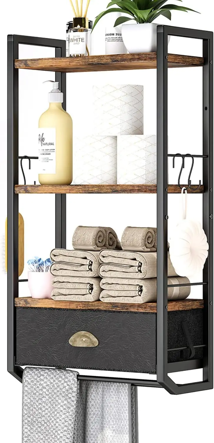 

3 Tier Bathroom Storage Shelf with Towel Bar and Drawer, Wall Mounted Organizer for Over Toilet, Rustic Black