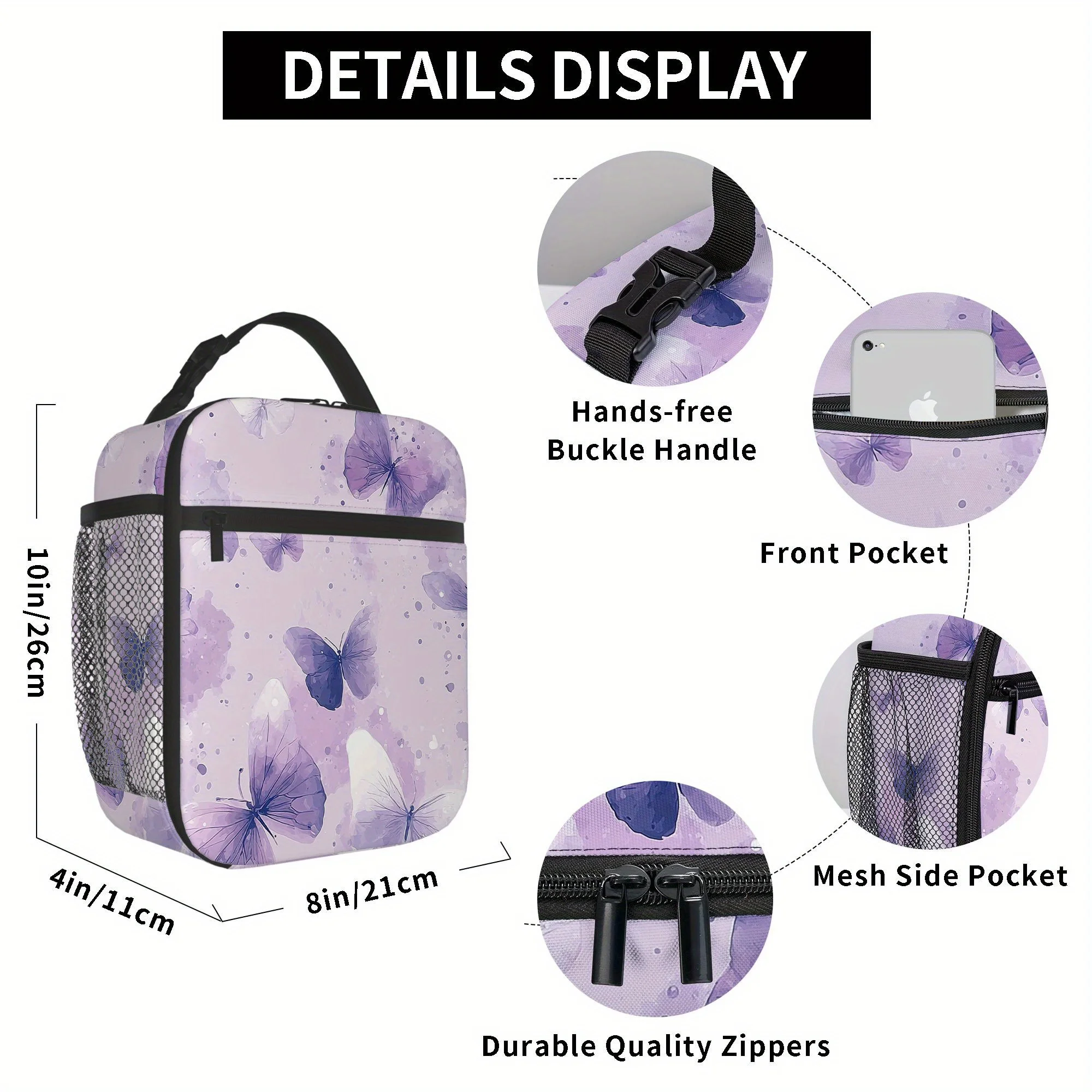 1pc a Thermal Bag Featuring Purple Butterflies on a Lavender Backdrop. This Insulated Bag Is Not Intended for Food Contact And I