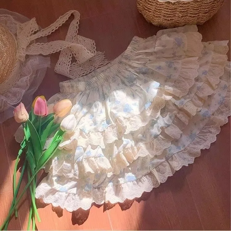 تنورة هاراجوكو الحلوة المطبوعة بالورود للنساء Y2k تنانير كعكة عالية الخصر مكشكشة صيفية جديدة تناسب الجميع بسيطة Faldas Mujer