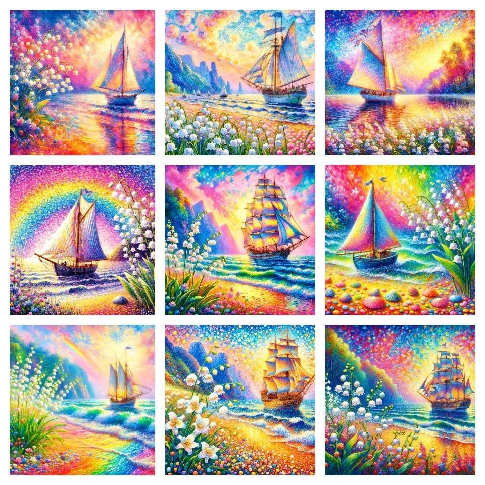 5D Large Diamond Painting New Arrivals Daisy Flowers Ship Diamond Full Drill Embroidery Sea Mosaic Sailboat Scenery Home Decor