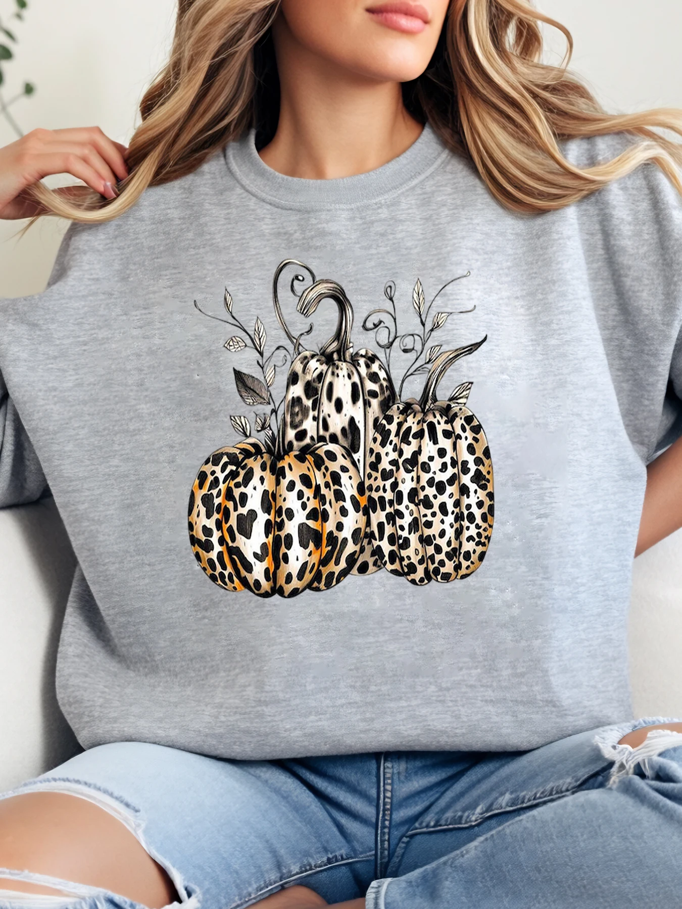 

Толстовка с леопардовым принтом тыквы на Хэллоуин, женский повседневный осенний наряд, серый, больших размеров