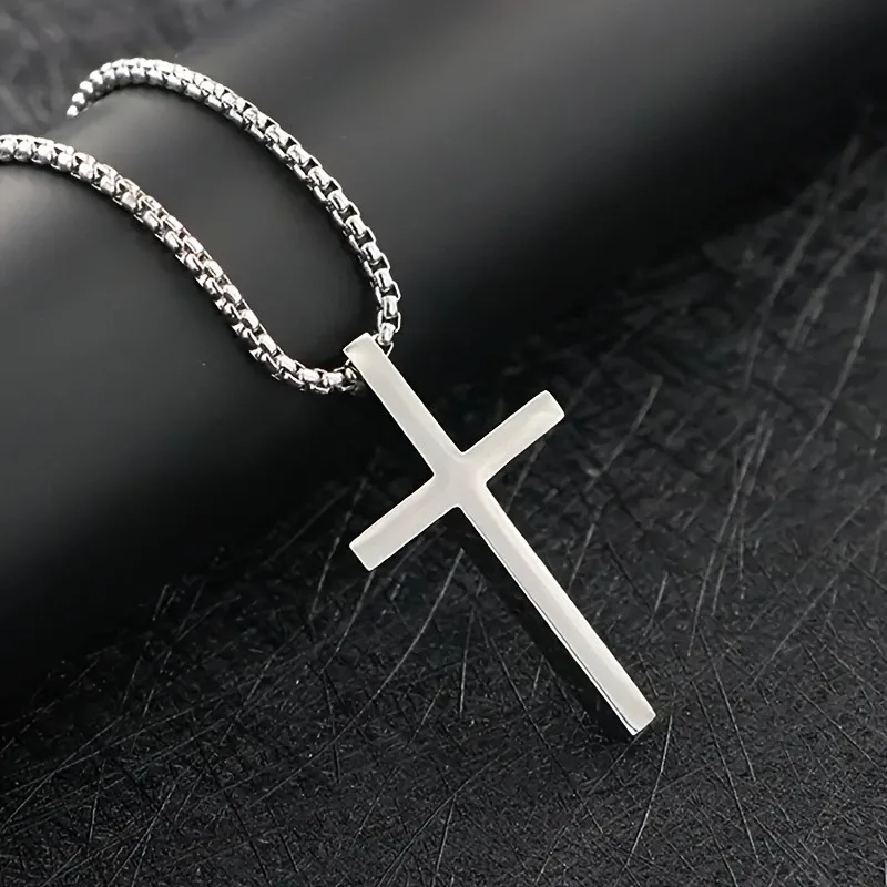 Silver Colour Titanium Steel Glossy Cross Pendant Necklace Men\'s Hip Hop Hundred Long Chain Necklace Holiday Party Accessories