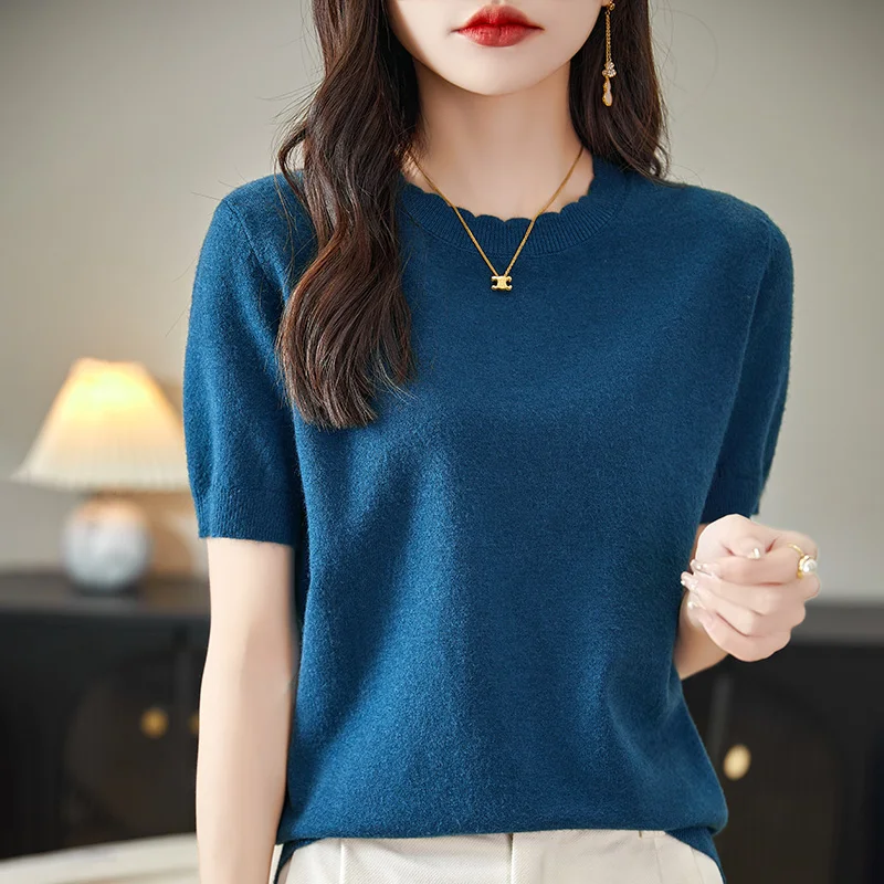 2024 New Spring and summer Cashmere short sleeve Women O-Neck Short-Sleeved Exquisite Cashmere  short sleeve Pullover