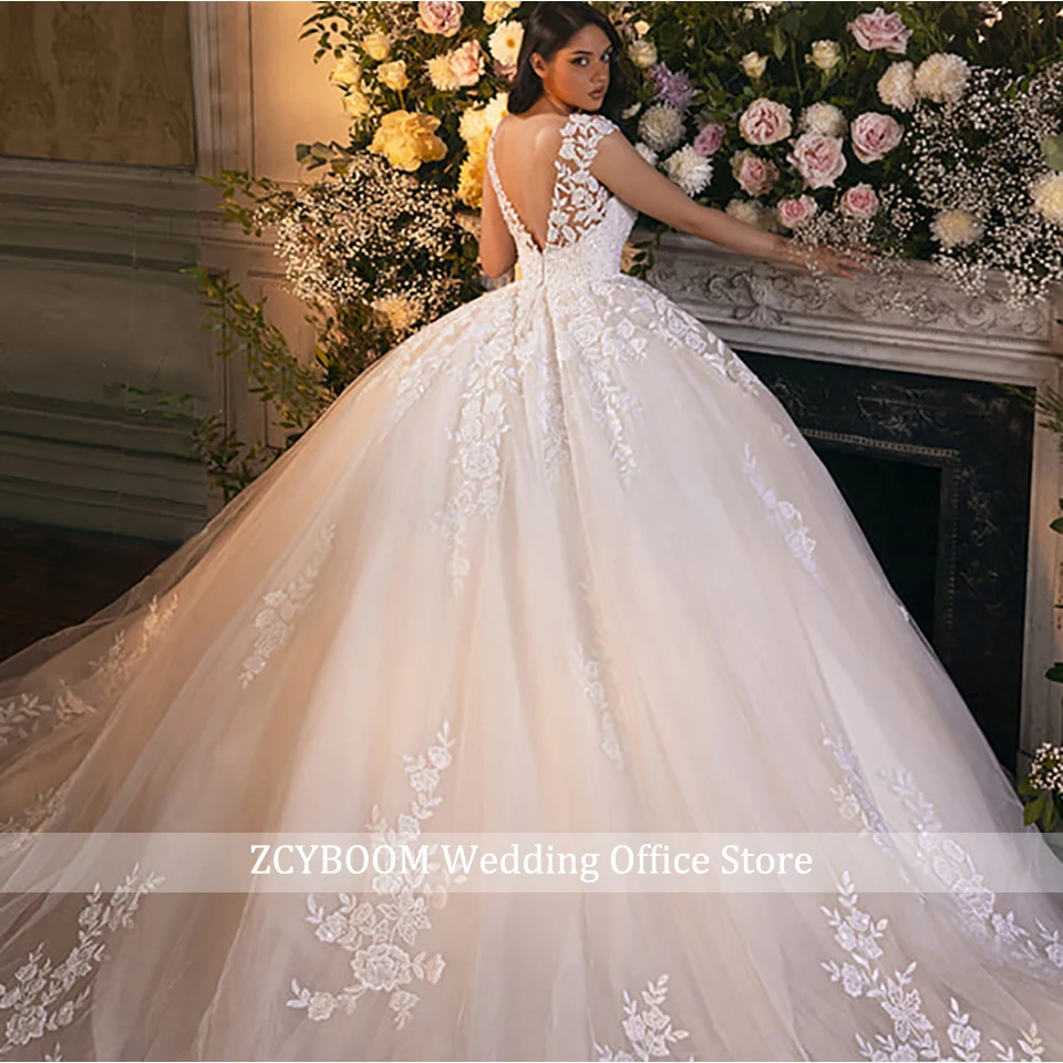 Vestido De novia champán con forma De corazón, vestidos De novia De princesa con Apliques De encaje, mangas casquillo, vestidos De novia sin espalda, Vestido De novia