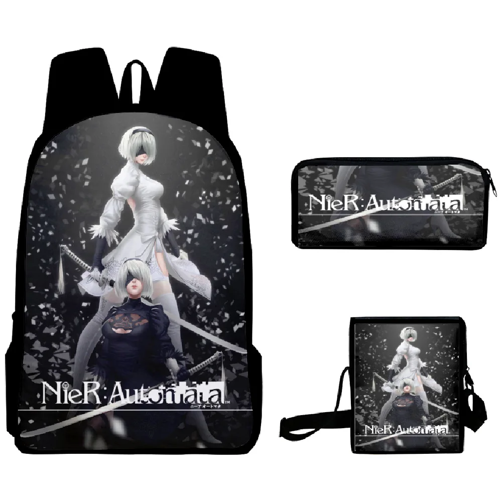 NieR Automata 3D Print Mochila, mochila escolar do aluno, mochila, bolsa de ombro inclinado, estojo, popular, na moda, 3 peças por conjunto