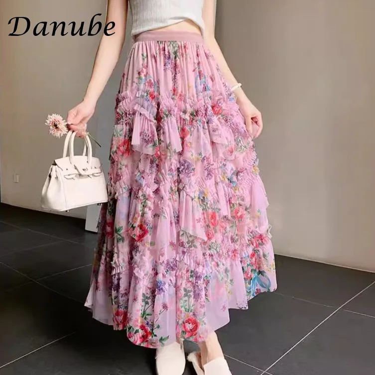 

Irregularity Vinatge Floral Tutu Tulle Long Skirts Women Korean Elegant Ruffles High Waist Wedding Mesh Cake Skirt Faldas Mujer