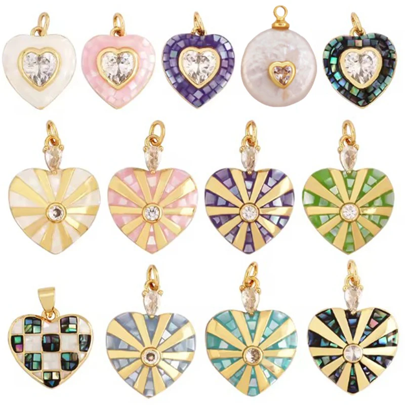 Trendy Colorful Love Heart Inlaid Shell Chips Charm Pendant,Cute 18K Gold Jewelry Necklace Accessories DIY Making Supplies M15