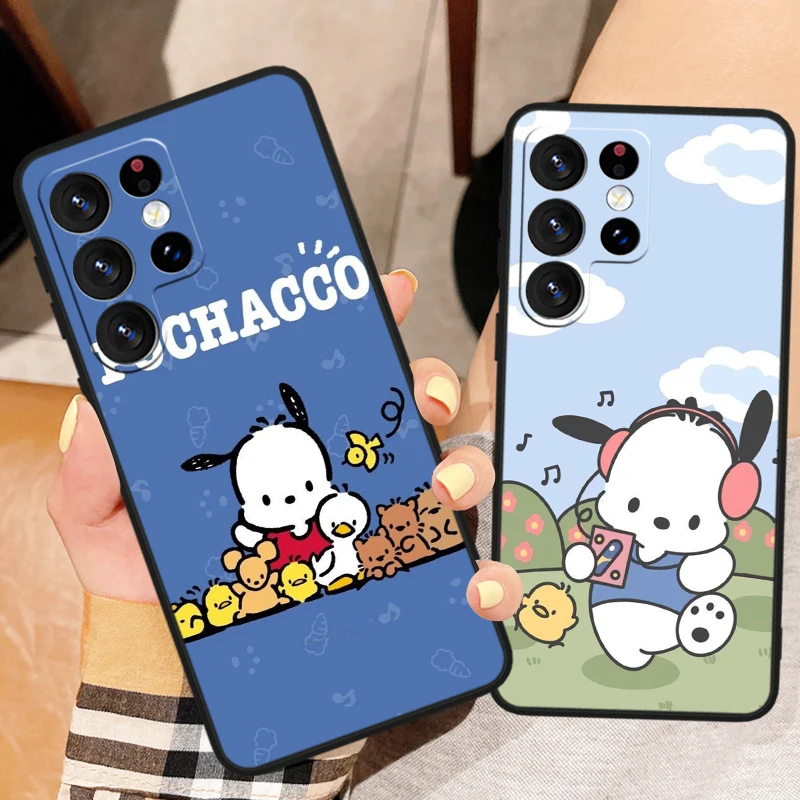 Pochacco Cute Cartoon For Samsung Galaxy S24 S23 S22 S21 S20 FE S10 Ultra Plus Shockproof Soft TPU Black Phone Case