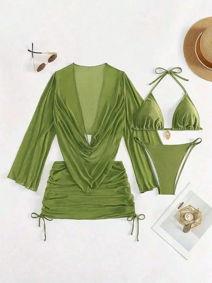 

4pcs Solid Green Bikini Set With Sheer Cover Up For Beach Vacation Party