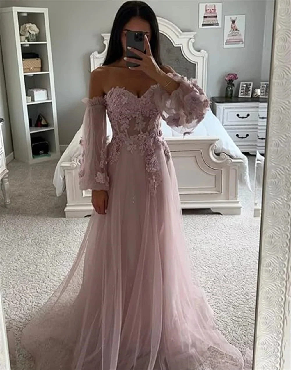 Amanda 2024 Princess Pink Lace Embroid Vestido De Novia Puffy Sleeve A-line Evening Dress Sweetheart 3D Flower Prom Dress 2024