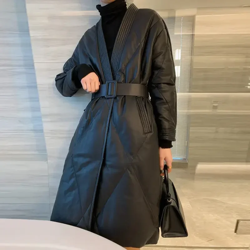 Winter Leder Frauen Anzug Blazer Damen formale schwarze Gürtel Business Arbeit tragen Herbst warme Büro Dame Jacke Mantel