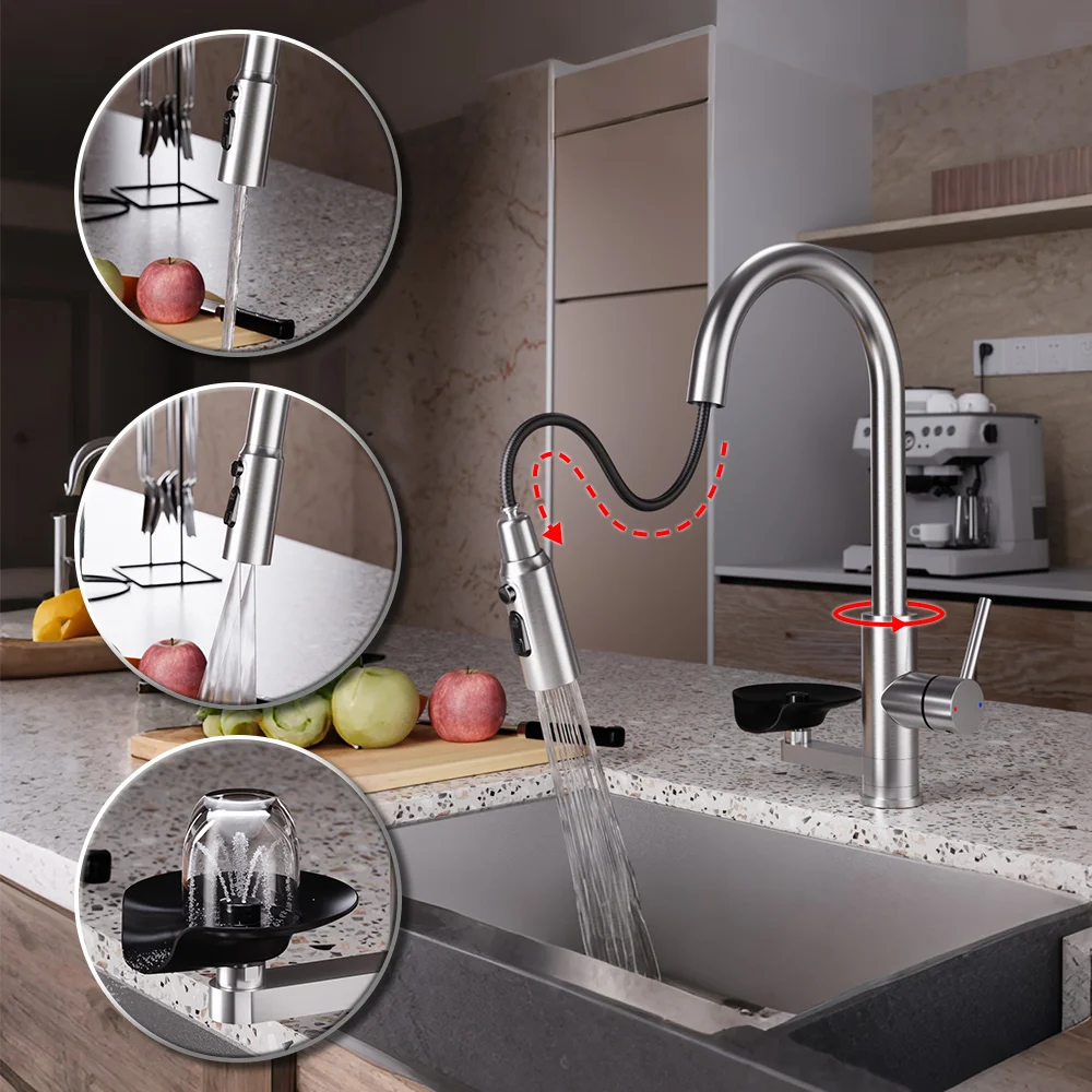 

Kitchen Faucet with Cup Washer Multi Function Pull Out Stream Sprayer Kitchen Sink Faucets Deck Mounted Hot Cold Water Mixer Tap