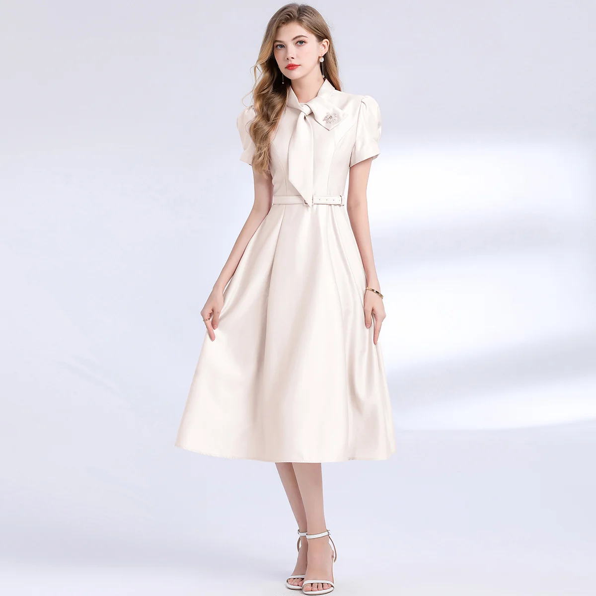 Elegant Temperament Satin Women's Dress New Fashion Solid Bow collar Beaded Slimming Waist Party Dresses