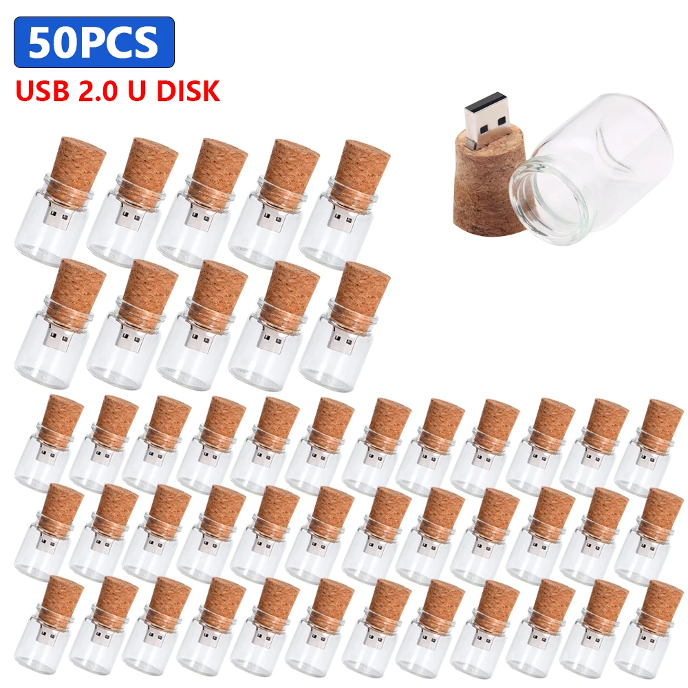 

50pcs/lot USB 2.0 Glass Drift Bottle with Cork Flash Drive Stick Pendrive 8GB16GB 32GB 64GB128GB Creative Pen drive Wedding Gift