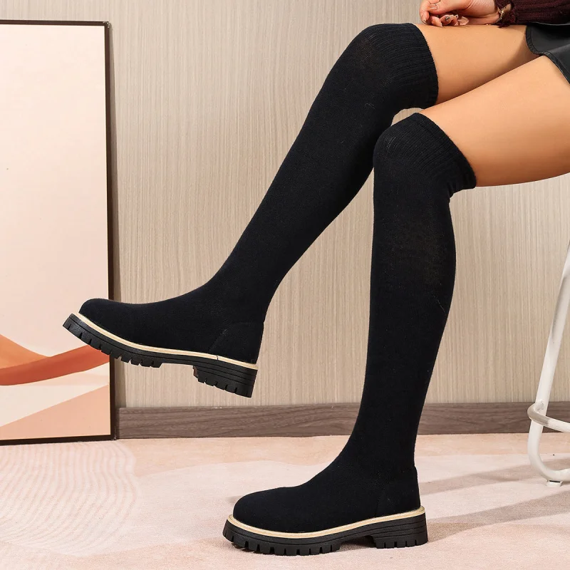 

European and American Slimming Long Boots Winter New Thick Heel Round Toe Fashion Women's Large Size Elastic Slim Boots
