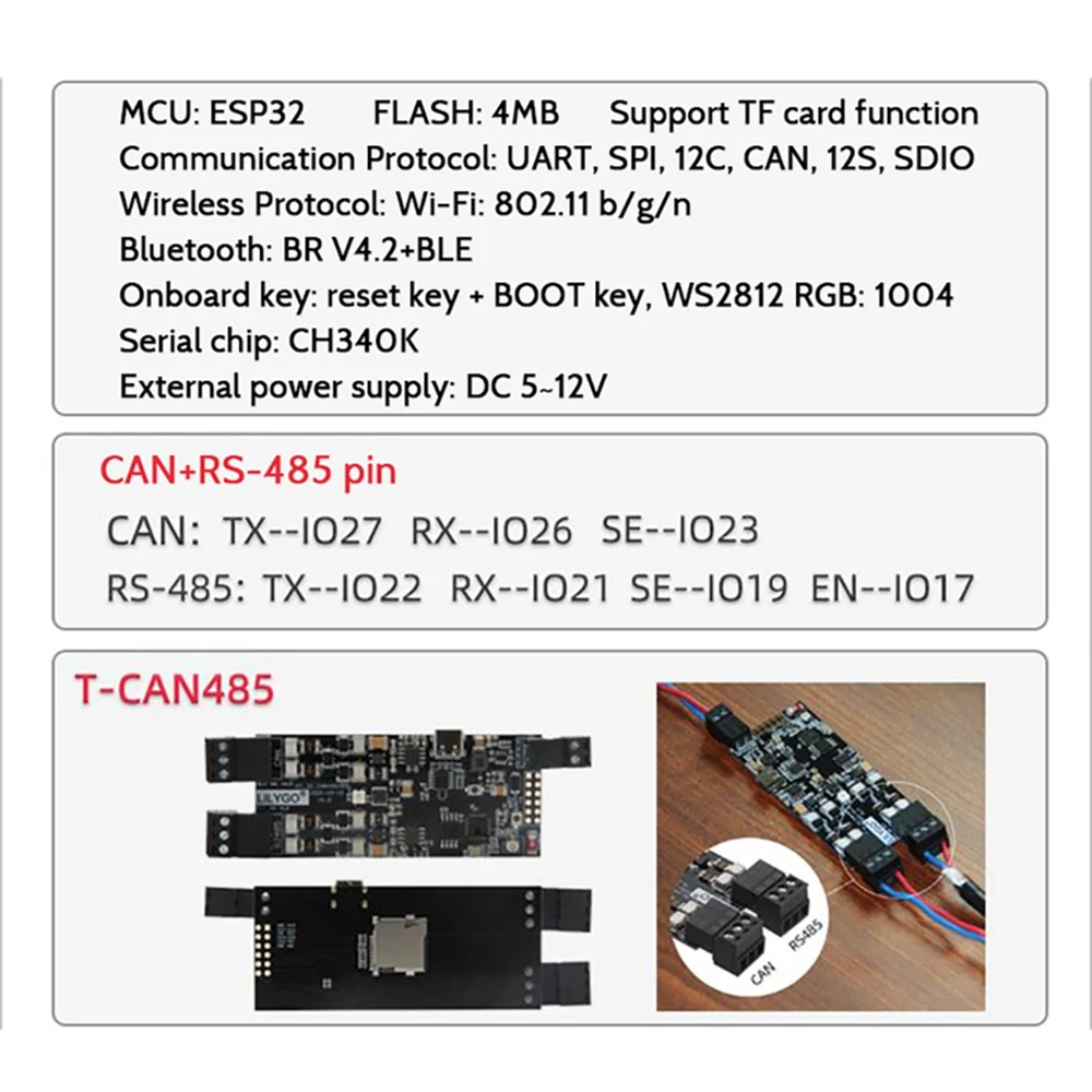 

Для T-CAN485 ESP32 CAN RS-485 Плата разработки модуля управления поддерживает TF-карту