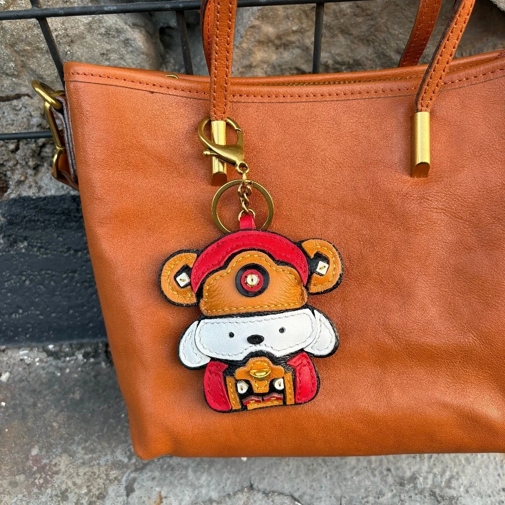 Handmade Genuine Leather Lucky God Puppy Keychain New Year Small Pendant for Welcoming Wealth Car Key Holder Backpack Charm
