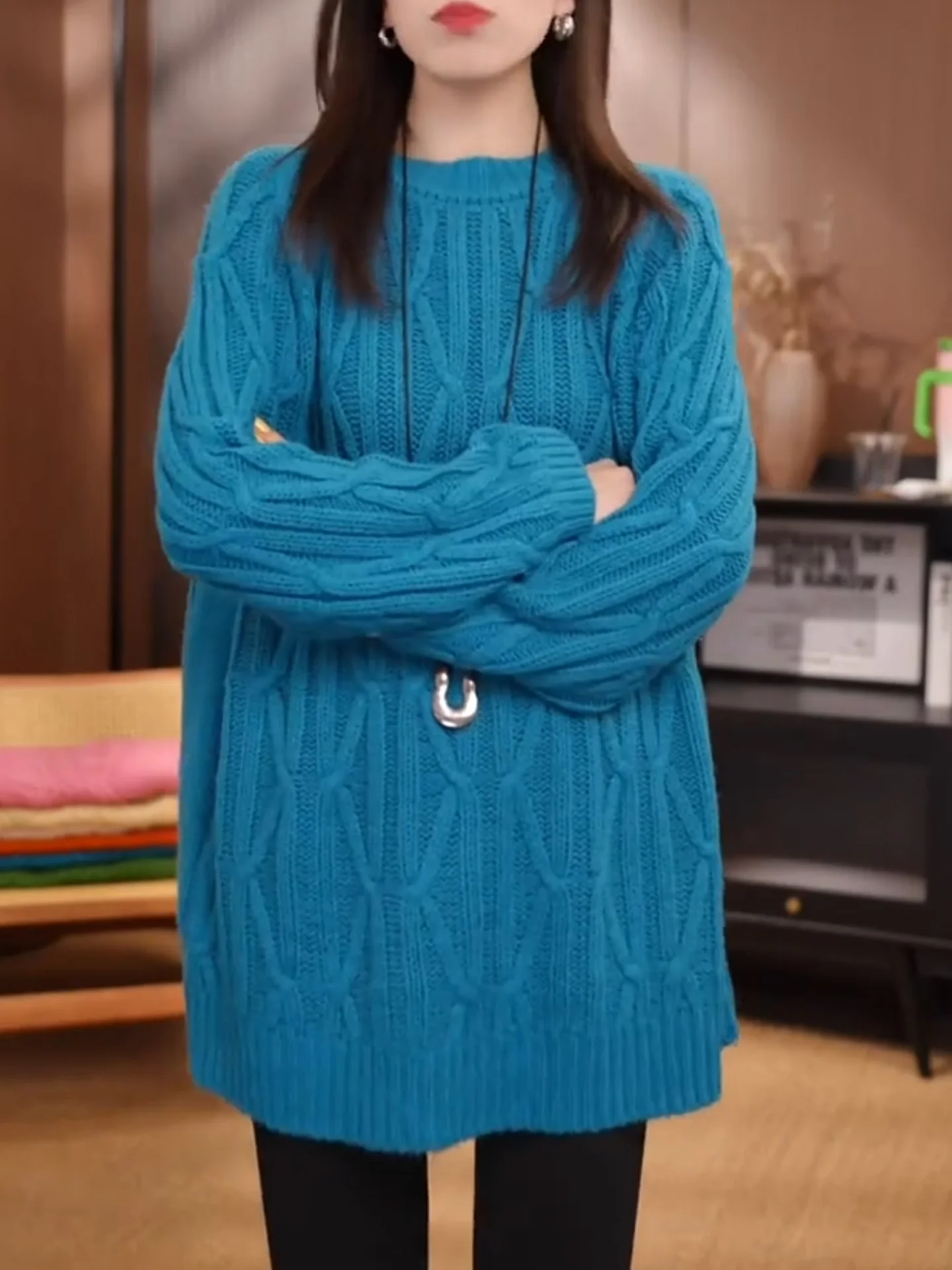 

Blue Knitted Woolen Base Shirt Women's Medium Length Loose Warm Casual Knitwear Autumn Winter Inner Wear Cotton Flax Pattern