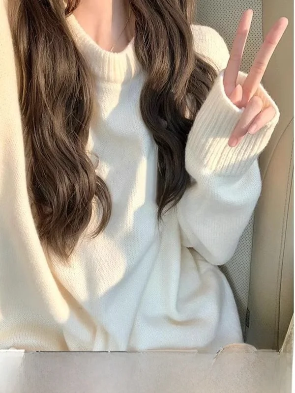 

Мягкий однотонный базовый вязаный свитер для женщин, осенне-зимний, свободного кроя, комфортный, с эффектом фуфу, премиум-класса, с круглым вырезом, с длинными рукавами