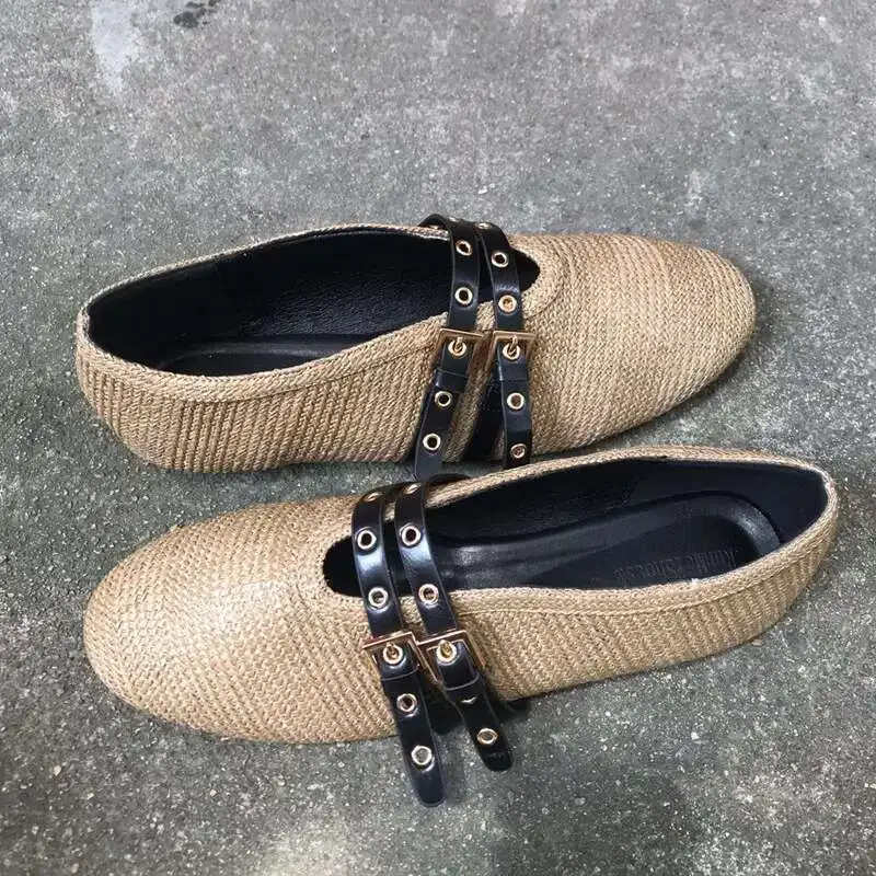 رائجة البيع المتسكعون النساء قصب نسج حذاء كاجوال مسطح للنساء عطلة أحذية الشاطئ البغال الصيف الانزلاق على حذاء مسطح في الهواء الطلق سيدة #4