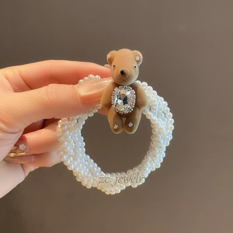 

High-End Sweet Forest Style Pearl String Sparkling Diamond Bear Hair Tie for Women Korean Version New Style Girly Heart Hair Rop