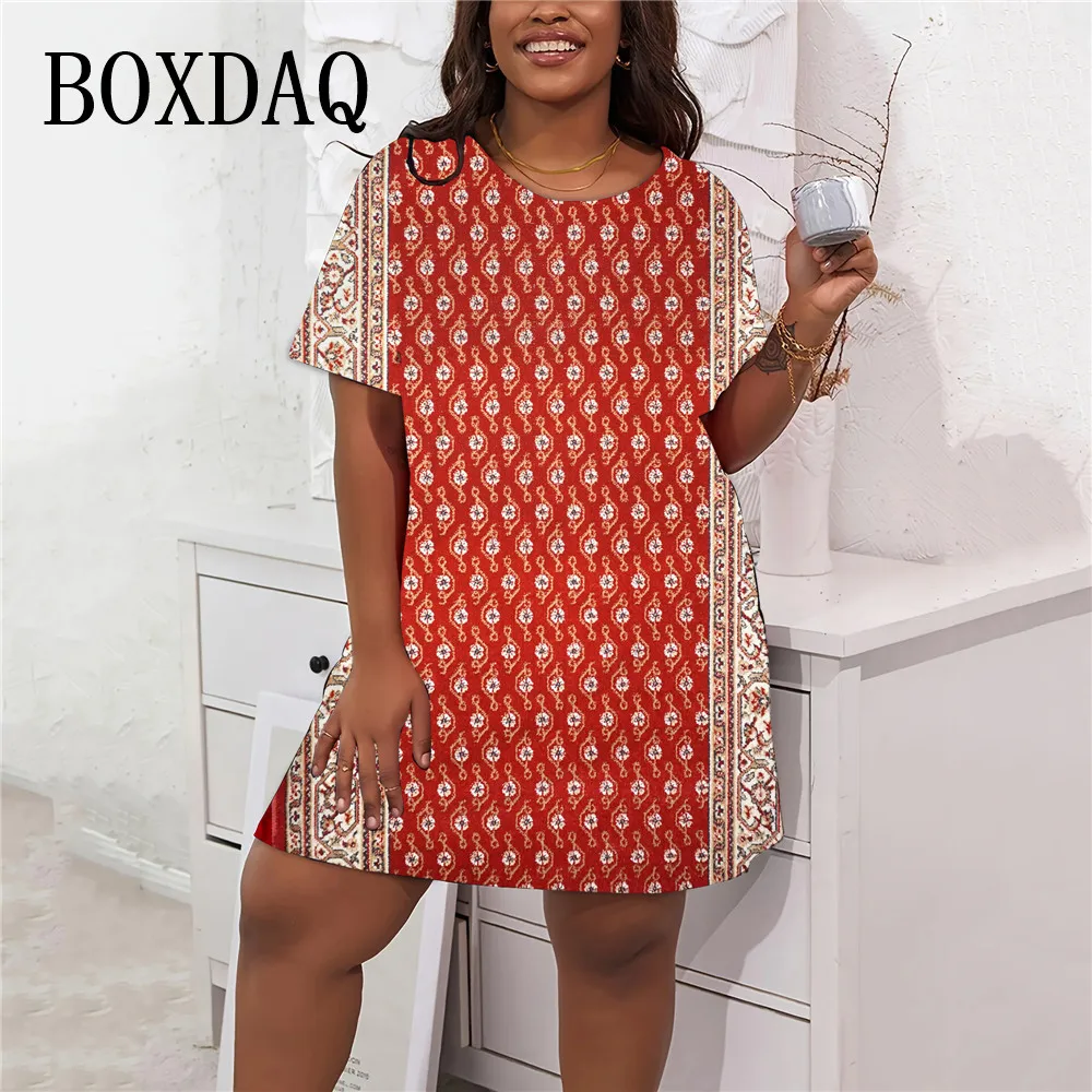 Vintage O-Neck Floral Dress Womens Retro Short Sleeve Summer A-Line Mini Dresses Ladies Casual Loose Plus Size Dresses Sundress