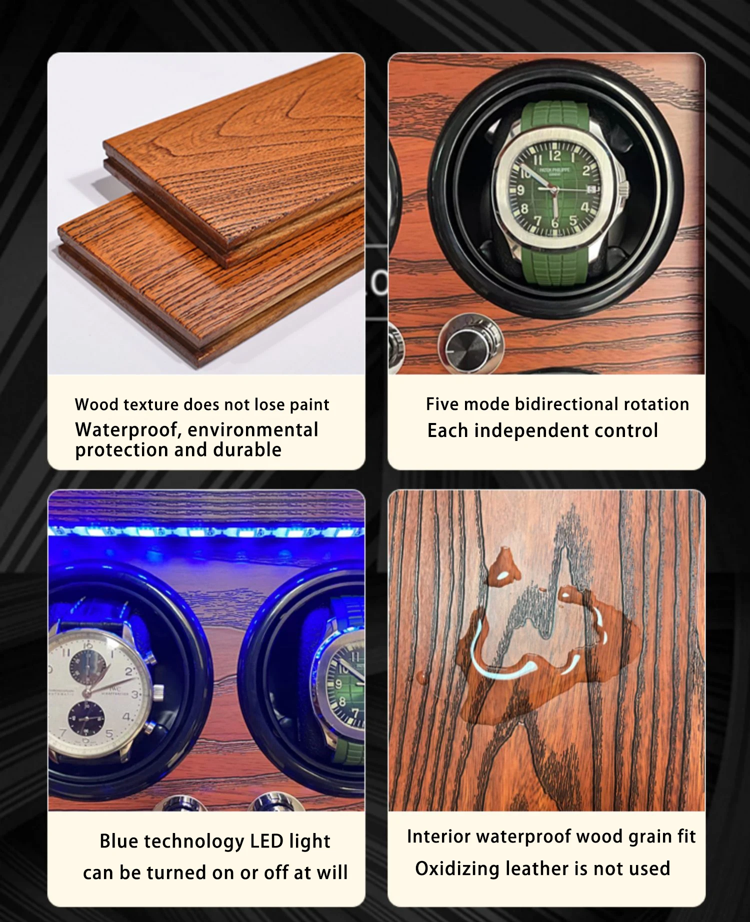 Mechanical Automatic Watch Winder Luxury Wood Watch Box Battery Installable With LED Light And Lid Sensor Watches Storage Box