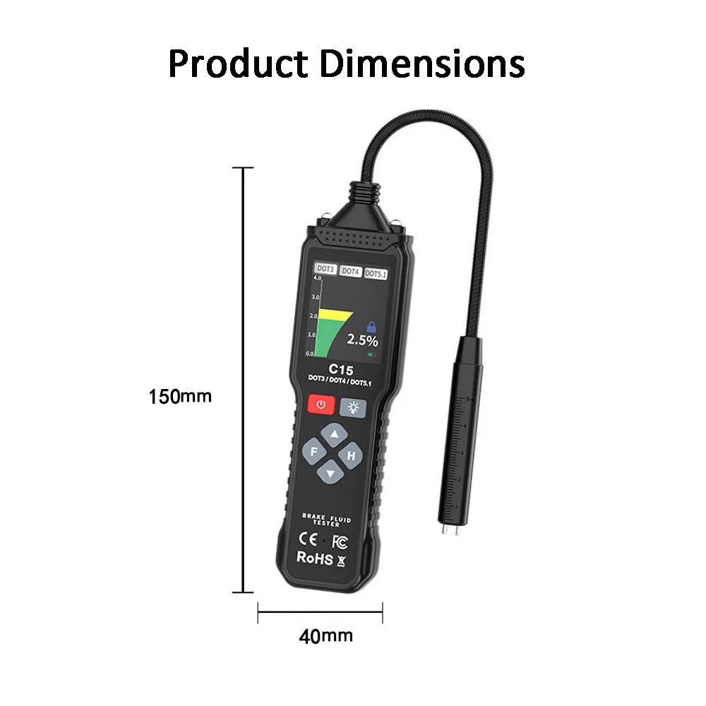 Automotive Brake Fluid Tester DOT3 DOT4 DOT5.1 Automotive Moisture Analyzer 360° Flexible Probe TFT Screen Suitable For Car