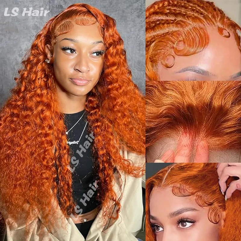 32 بوصة الزنجبيل البرتقالي الدانتيل الجبهة الباروكات موجة المياه الشعر البشري 13x6 الدانتيل الشفاف الباروكة الأمامية للنساء # 350 شعر مجعد ملون