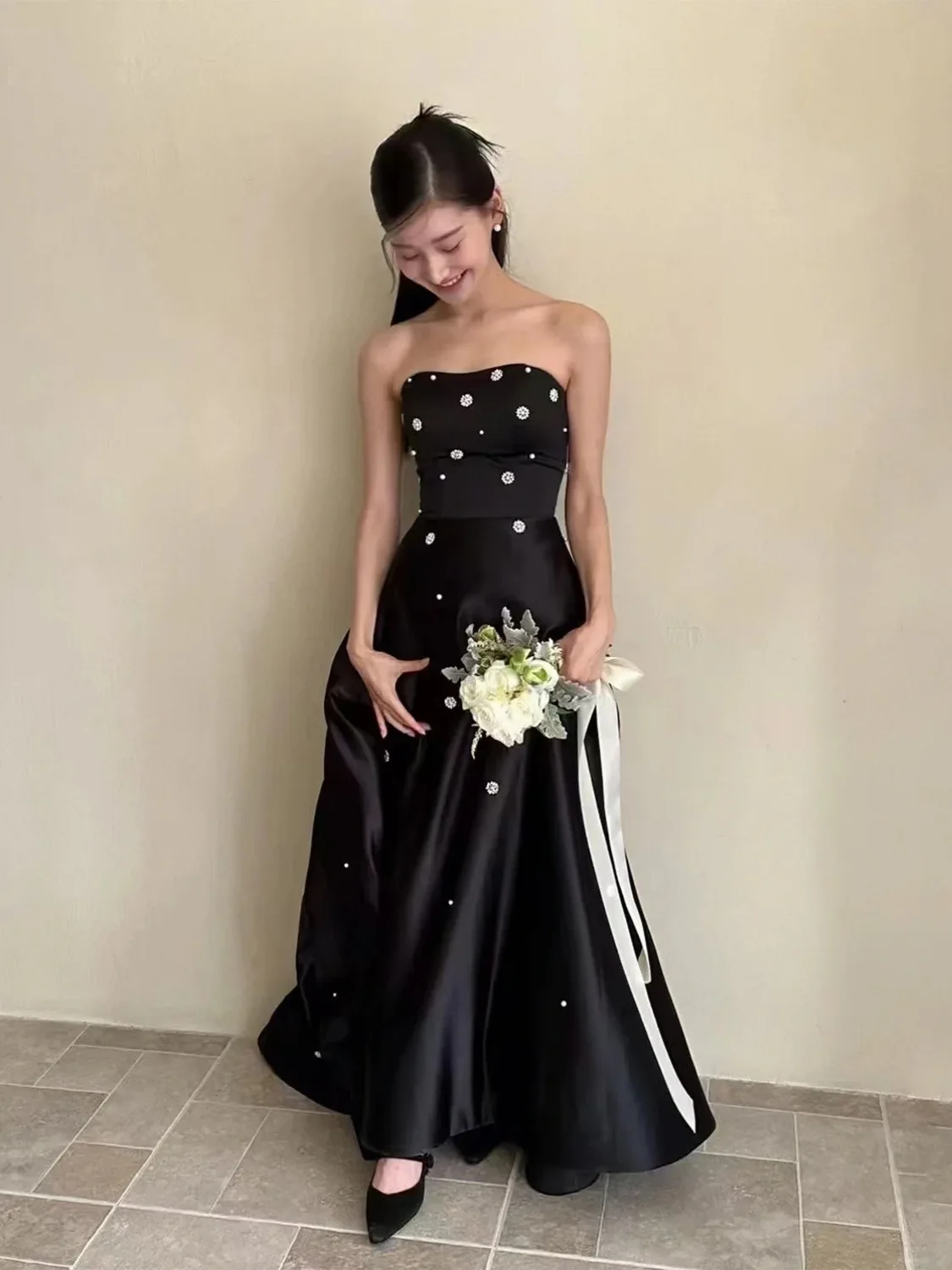 Black 2025 New Elegant Light Bridal Dresses For Bride Strapless Satin A-line Wedding Party Dress Vestido De Novia Casamento