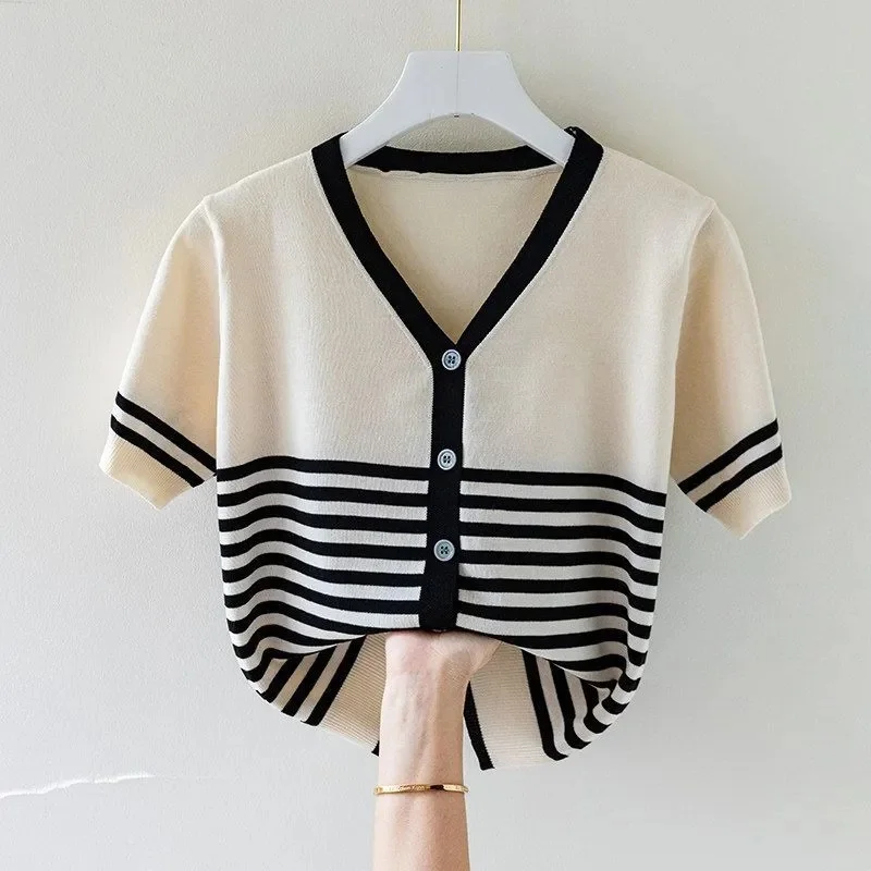 

V-neck Striped T-shirt Women's Tshirt Thin Ice Silk Knitted Sweater Fashion Spring Summer Autumn 2026 Loose Shirt Top