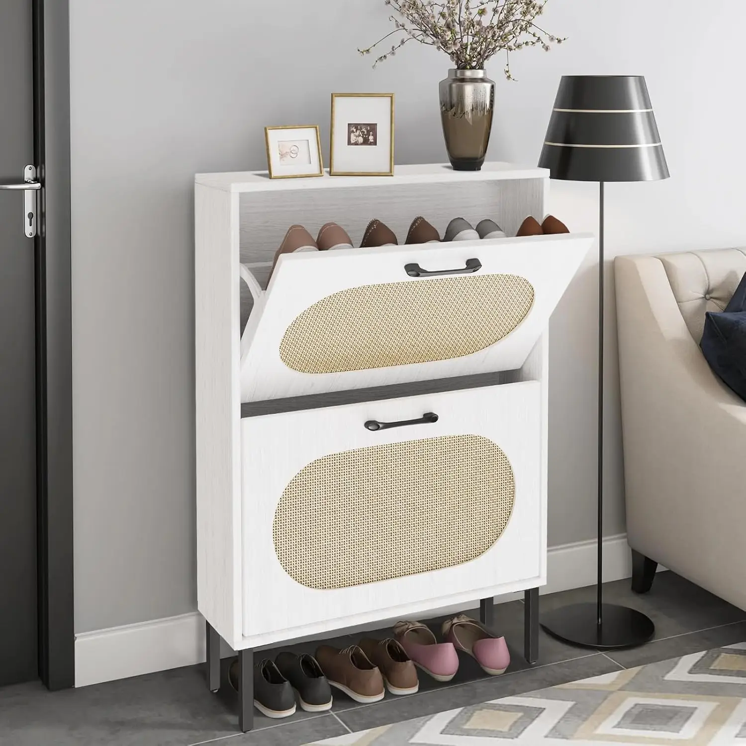 

2-Drawer Flip Storage Cabinet Narrow Shoe Rack Organizer Entryway Natural Rattan Door White,Customized
